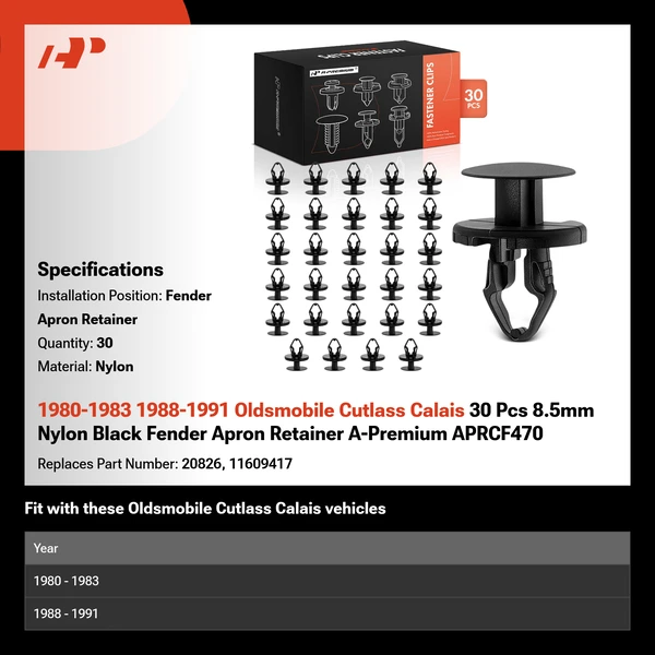 1980-1983 1988-1991 Oldsmobile Cutlass Calais 30 Pcs 8.5mm Nylon Black Fender Apron Retainer A-Premium APRCF470