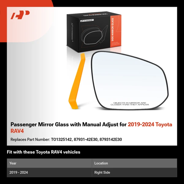 Passenger Mirror Glass with Manual Adjust for 2019-2024 Toyota RAV4