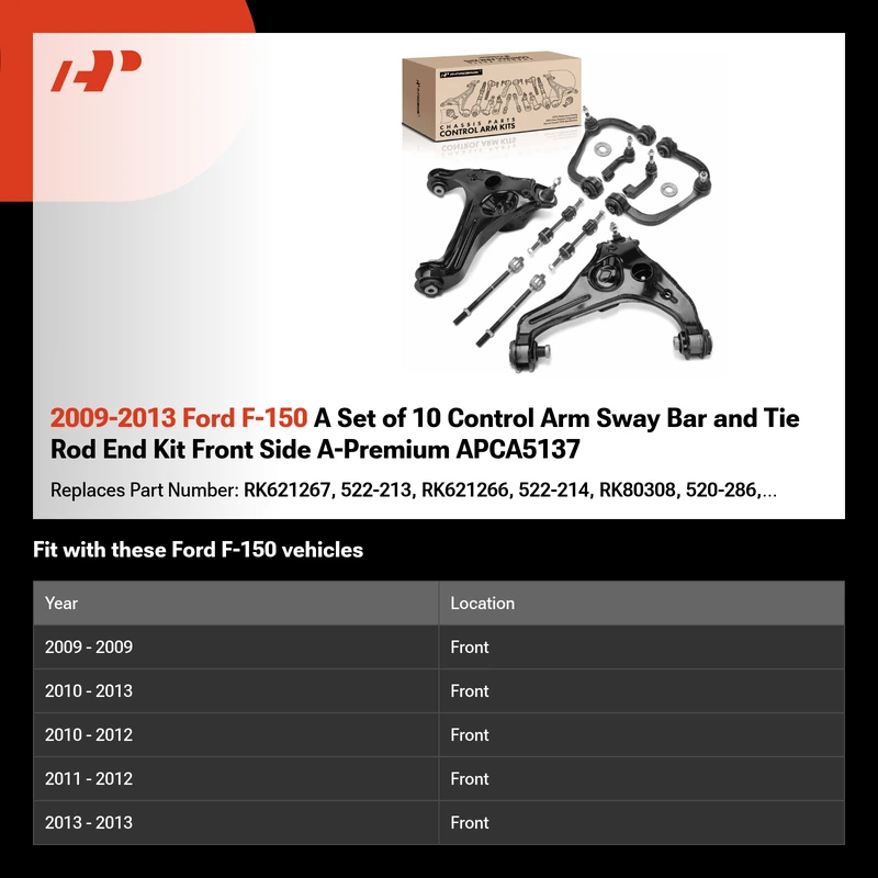2009-2013 Ford F-150 A Set of 10 Control Arm Sway Bar and Tie Rod End Kit Front Side A-Premium APCA5137