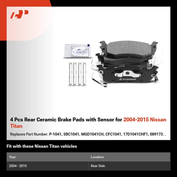 4 Pcs Rear Ceramic Brake Pads with Sensor for 2004-2015 Nissan Titan