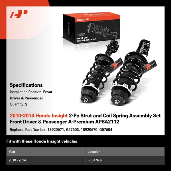 2010-2014 Honda Insight 2-Pc Strut and Coil Spring Assembly Set Front Driver & Passenger A-Premium APSA2112