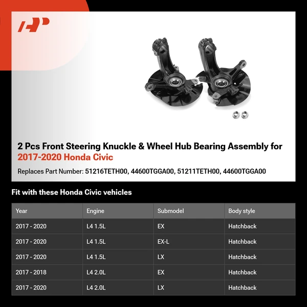 2 Pcs Front Steering Knuckle & Wheel Hub Bearing Assembly for 2017-2020 Honda Civic