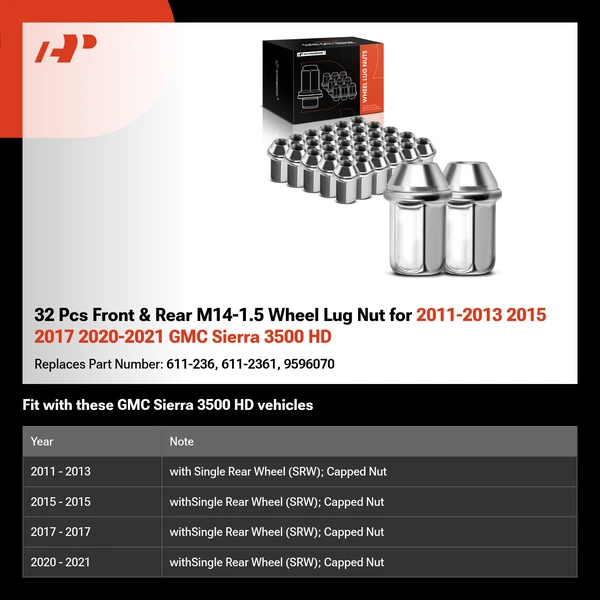 32 Pcs Front & Rear M14-1.5 Wheel Lug Nut for 2011-2013 2015 2017 2020-2021 GMC Sierra 3500 HD