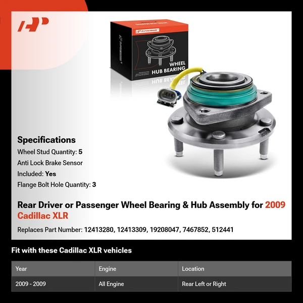 Rear Driver or Passenger Wheel Bearing & Hub Assembly for 2009 Cadillac XLR