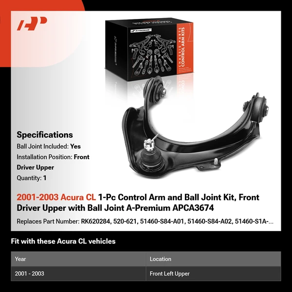2001-2003 Acura CL 1-Pc Control Arm and Ball Joint Kit, Front Driver Upper with Ball Joint A-Premium APCA3674