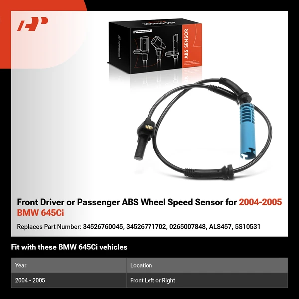 Front Driver or Passenger ABS Wheel Speed Sensor for 2004-2005 BMW 645Ci