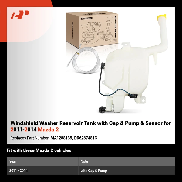 Windshield Washer Reservoir Tank with Cap & Pump & Sensor for 2011-2014 Mazda 2