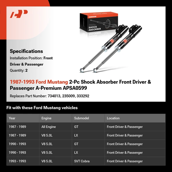 1987-1993 Ford Mustang 2-Pc Shock Absorber Front Driver & Passenger A-Premium APSA0599