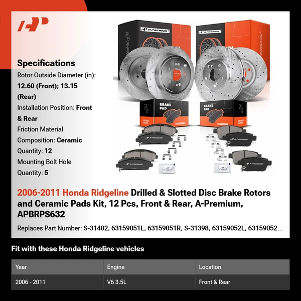 2006-2011 Honda Ridgeline Drilled & Slotted Disc Brake Rotors and Ceramic Pads Kit, 12 Pcs, Front & Rear, A-Premium, APBRPS632