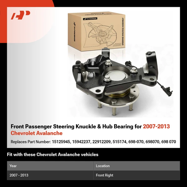 Front Passenger Steering Knuckle & Hub Bearing for 2007-2013 Chevrolet Avalanche
