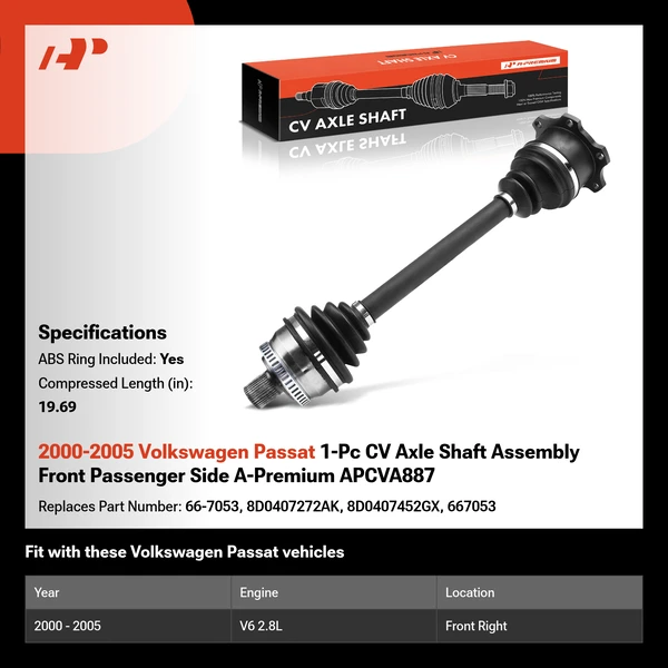 2000-2005 Volkswagen Passat 1-Pc CV Axle Shaft Assembly Front Passenger Side A-Premium APCVA887