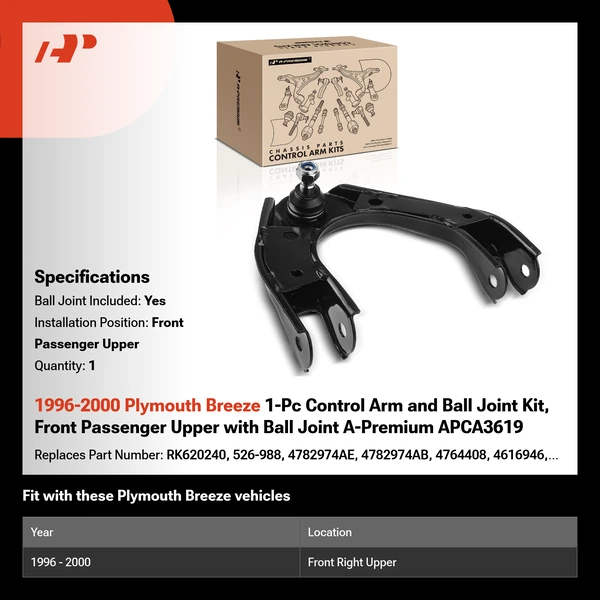 1996-2000 Plymouth Breeze 1-Pc Control Arm and Ball Joint Kit, Front Passenger Upper with Ball Joint A-Premium APCA3619