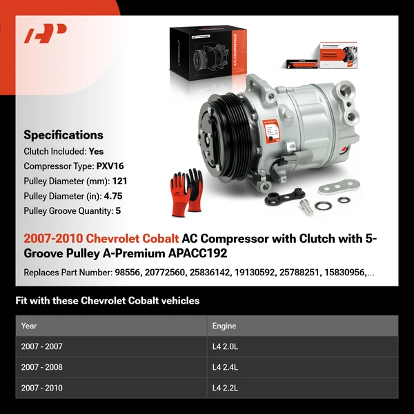 2007-2010 Chevrolet Cobalt AC Compressor with Clutch with 5-Groove Pulley A-Premium APACC192