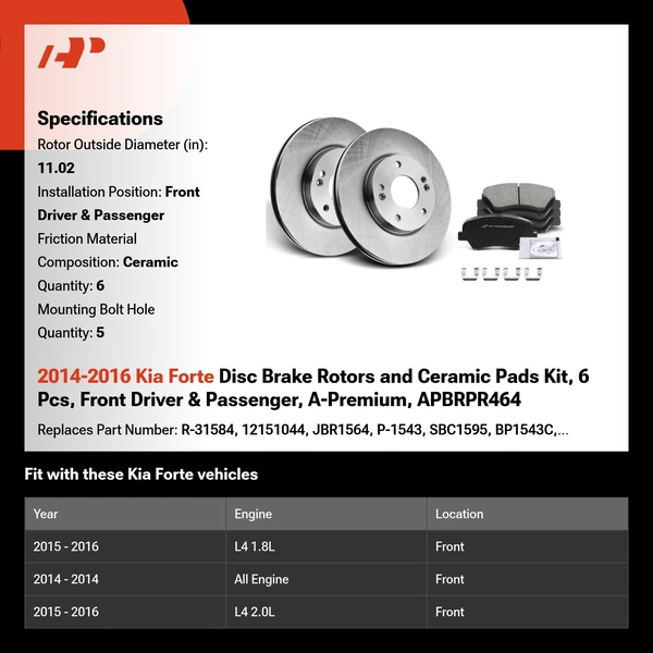 2014-2016 Kia Forte Disc Brake Rotors and Ceramic Pads Kit, 6 Pcs, Front Driver & Passenger, A-Premium, APBRPR464