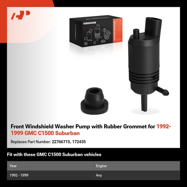 Front Windshield Washer Pump with Rubber Grommet for 1992-1999 GMC C1500 Suburban