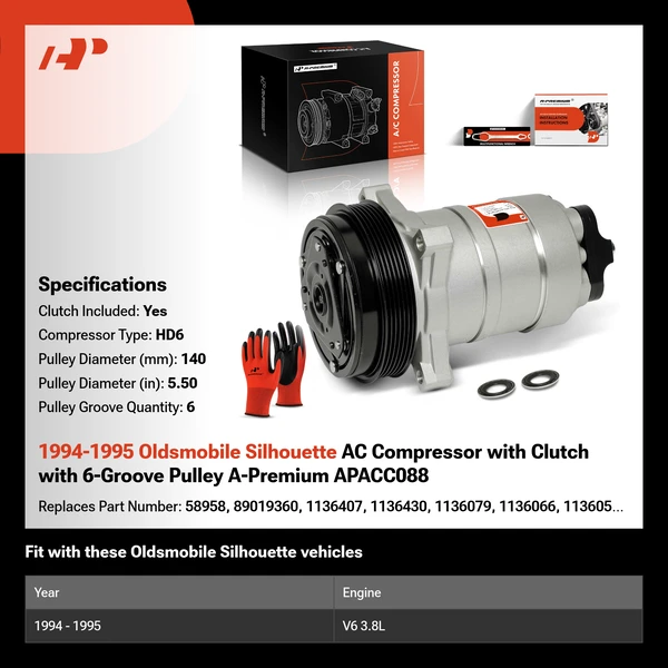 1994-1995 Oldsmobile Silhouette AC Compressor with Clutch with 6-Groove Pulley A-Premium APACC088