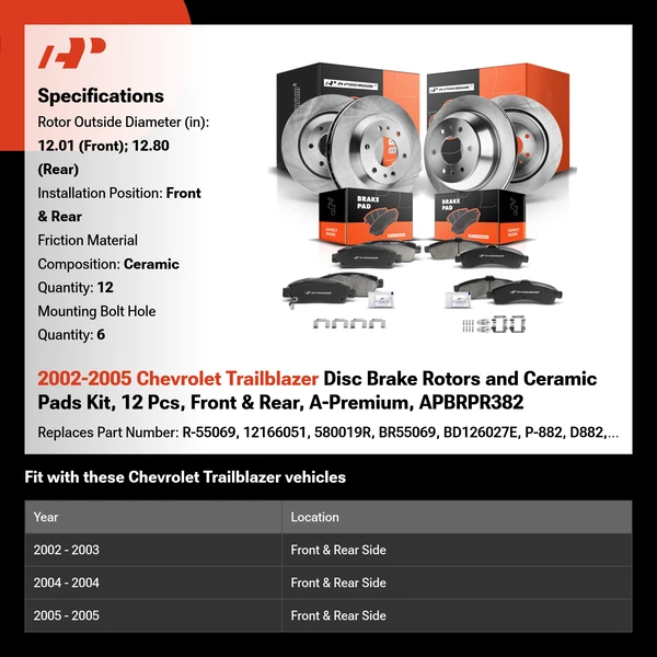 2002-2005 Chevrolet Trailblazer Disc Brake Rotors and Ceramic Pads Kit, 12 Pcs, Front & Rear, A-Premium, APBRPR382
