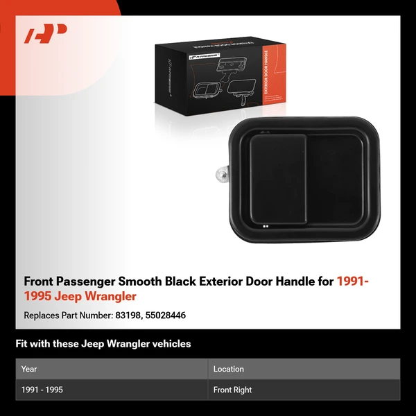 Front Passenger Smooth Black Exterior Door Handle for 1991-1995 Jeep Wrangler