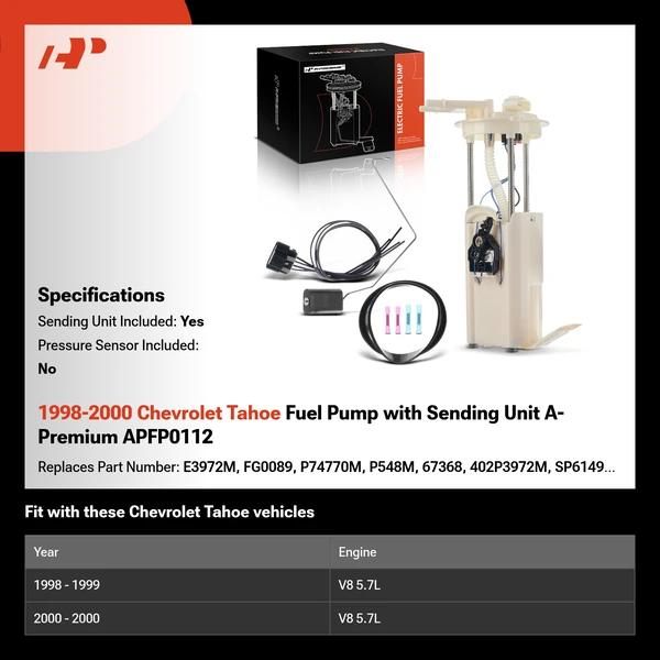 1998-2000 Chevrolet Tahoe Fuel Pump with Sending Unit A-Premium APFP0112