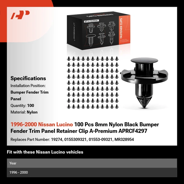 1996-2000 Nissan Lucino 100 Pcs 8mm Nylon Black Bumper Fender Trim Panel Retainer Clip A-Premium APRCF4297
