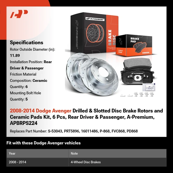 2008-2014 Dodge Avenger Drilled & Slotted Disc Brake Rotors and Ceramic Pads Kit, 6 Pcs, Rear Driver & Passenger, A-Premium, APBRPS224