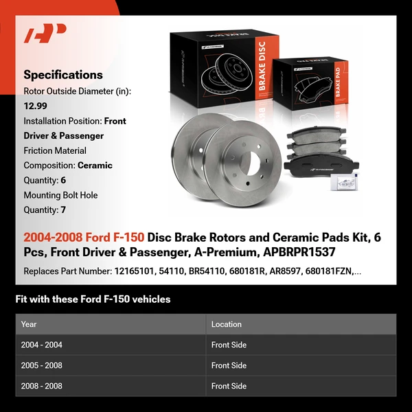 2004-2008 Ford F-150 Disc Brake Rotors and Ceramic Pads Kit, 6 Pcs, Front Driver & Passenger, A-Premium, APBRPR1537