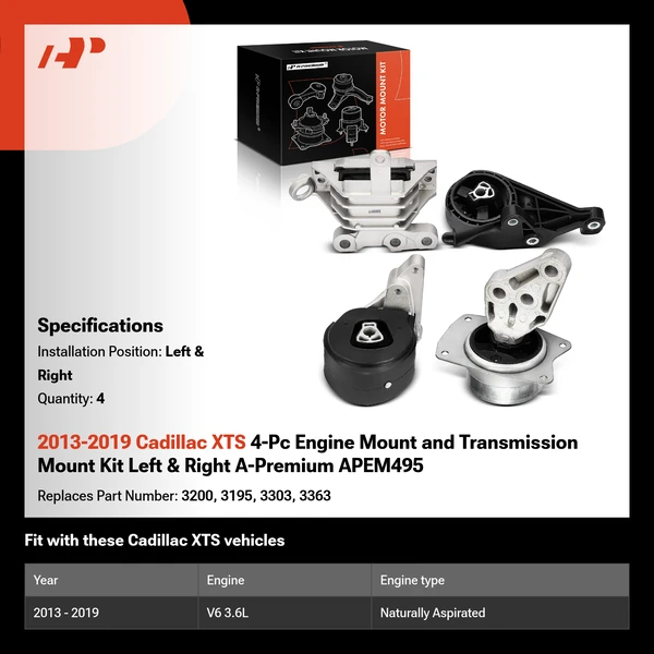 2013-2019 Cadillac XTS 4-Pc Engine Mount and Transmission Mount Kit Left & Right A-Premium APEM495