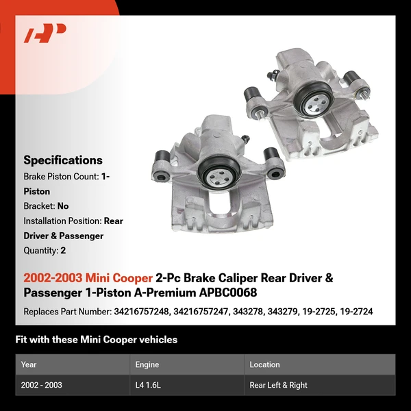 2002-2003 Mini Cooper 2-Pc Brake Caliper Rear Driver & Passenger 1-Piston A-Premium APBC0068