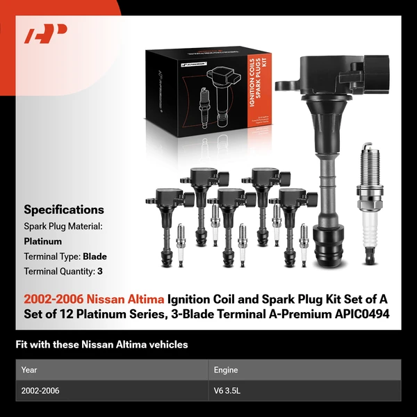 2002-2006 Nissan Altima Ignition Coil and Spark Plug Kit Set of A Set of 12 Platinum Series, 3-Blade Terminal A-Premium APIC0494