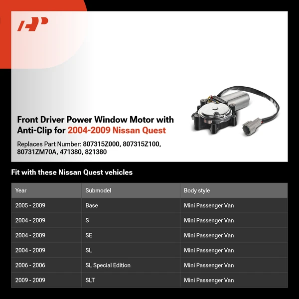 Front Driver Power Window Motor with Anti-Clip for 2004-2009 Nissan Quest