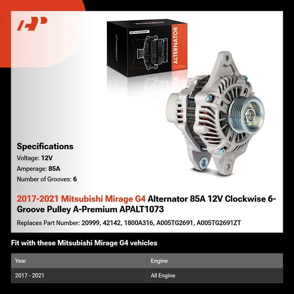 2017-2021 Mitsubishi Mirage G4 Alternator 85A 12V Clockwise 6-Groove Pulley A-Premium APALT1073