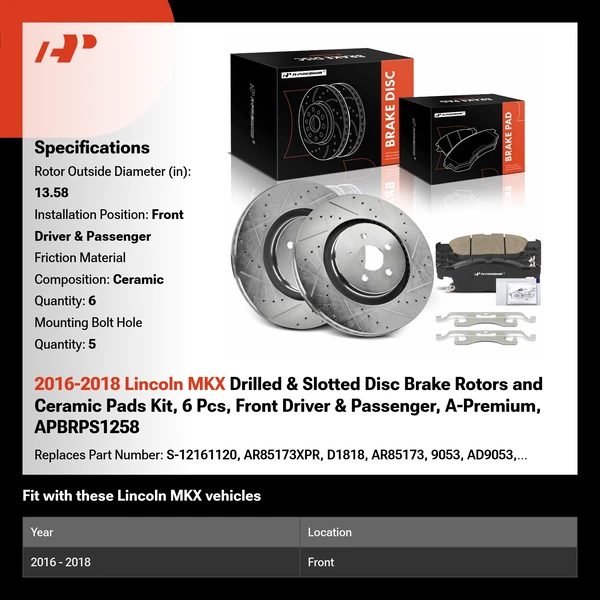 2016-2018 Lincoln MKX Drilled & Slotted Disc Brake Rotors and Ceramic Pads Kit, 6 Pcs, Front Driver & Passenger, A-Premium, APBRPS1258