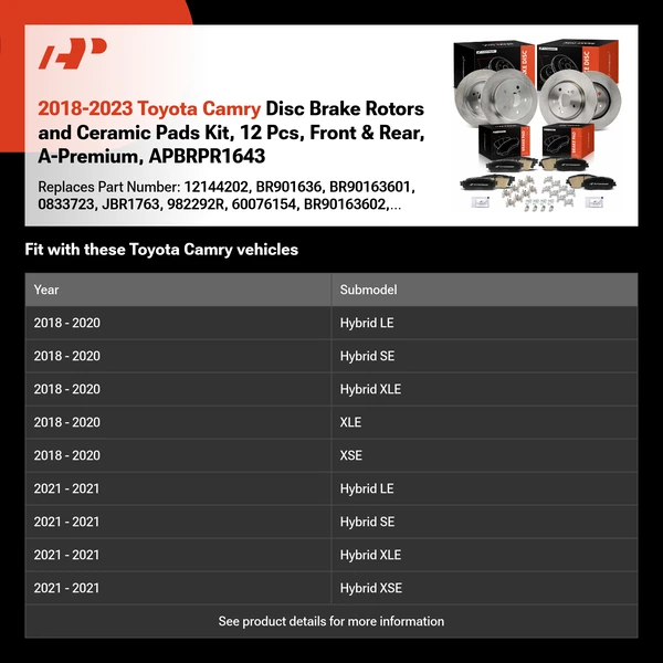 2018-2023 Toyota Camry Disc Brake Rotors and Ceramic Pads Kit, 12 Pcs, Front & Rear, A-Premium, APBRPR1643