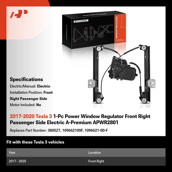 2017-2020 Tesla 3 1-Pc Power Window Regulator Front Right Passenger Side Electric A-Premium APWR2801