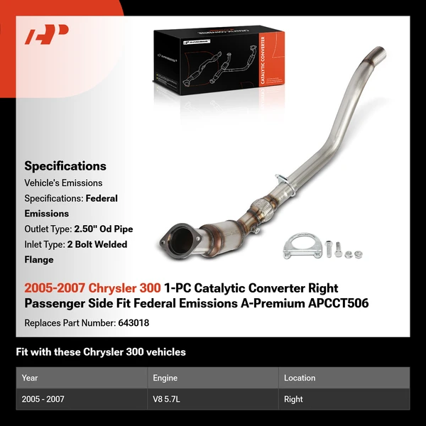2005-2007 Chrysler 300 1-PC Catalytic Converter Right Passenger Side Fit Federal Emissions A-Premium APCCT506