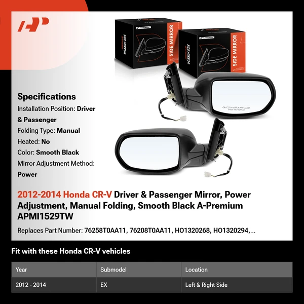 2012-2014 Honda CR-V Driver & Passenger Mirror, Power Adjustment, Manual Folding, Smooth Black A-Premium APMI1529TW