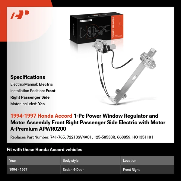 1994-1997 Honda Accord 1-Pc Power Window Regulator and Motor Assembly Front Right Passenger Side Electric with Motor A-Premium APWR0200