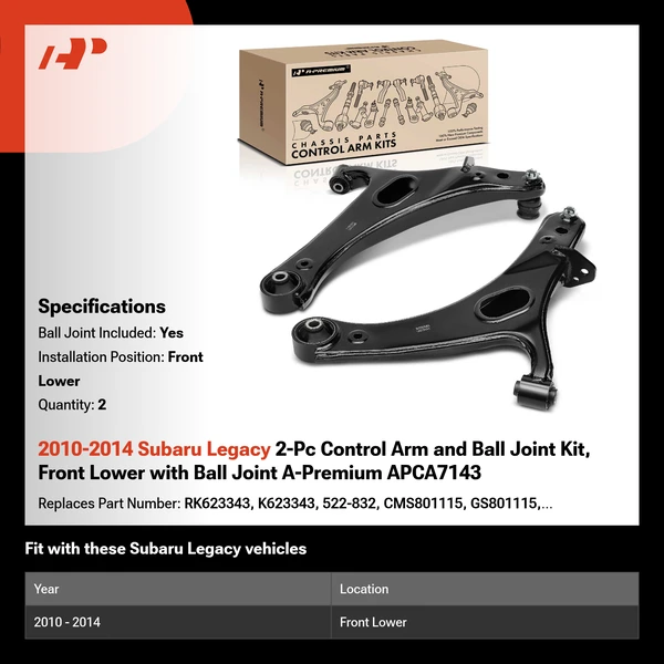 2010-2014 Subaru Legacy 2-Pc Control Arm and Ball Joint Kit, Front Lower with Ball Joint A-Premium APCA7143