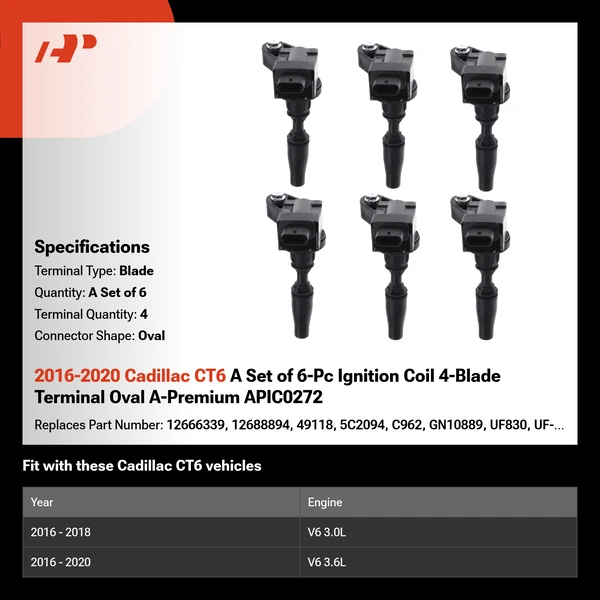 2016-2020 Cadillac CT6 A Set of 6-Pc Ignition Coil 4-Blade Terminal Oval A-Premium APIC0272