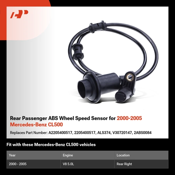 Rear Passenger ABS Wheel Speed Sensor for 2000-2005 Mercedes-Benz CL500
