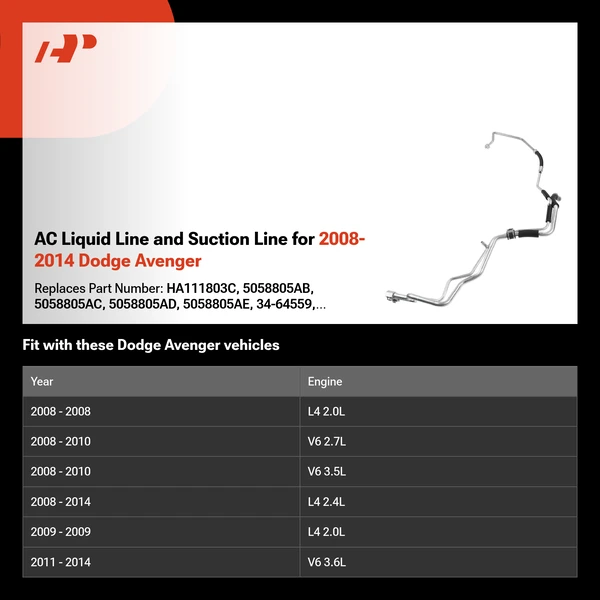 AC Liquid Line and Suction Line for 2008-2014 Dodge Avenger