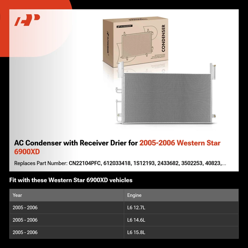 AC Condenser with Receiver Drier for 2005-2006 Western Star 6900XD