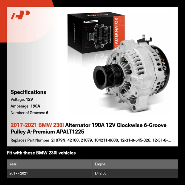 2017-2021 BMW 230i Alternator 190A 12V Clockwise 6-Groove Pulley A-Premium APALT1225