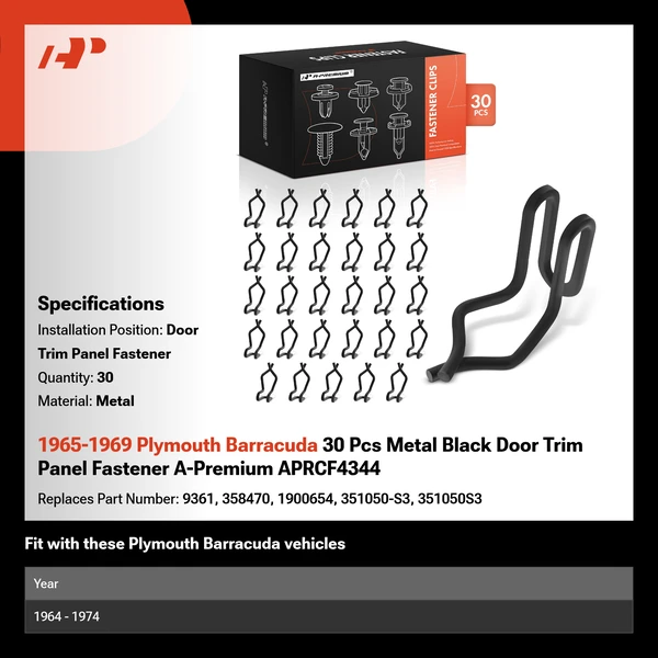 1965-1969 Plymouth Barracuda 30 Pcs Metal Black Door Trim Panel Fastener A-Premium APRCF4344