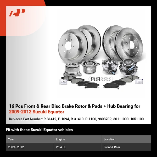 16 Pcs Front & Rear Disc Brake Rotor & Pads + Hub Bearing for 2009-2012 Suzuki Equator