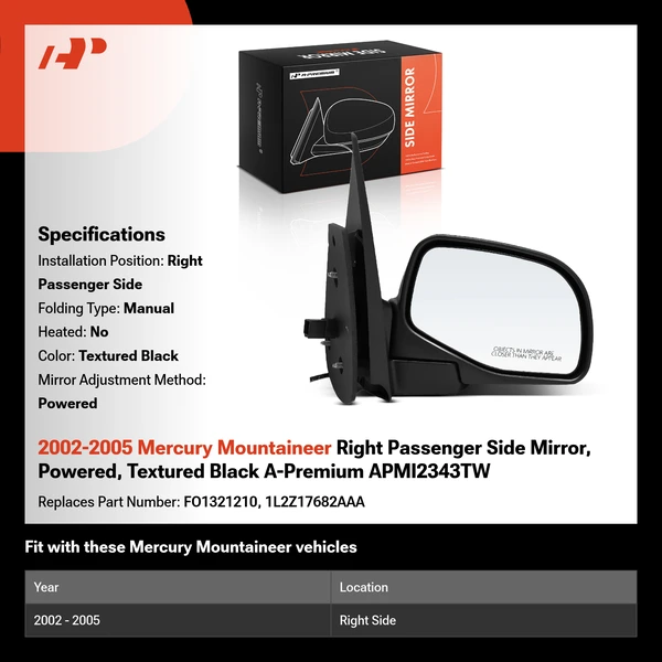 2002-2005 Mercury Mountaineer Right Passenger Side Mirror, Powered, Textured Black A-Premium APMI2343TW