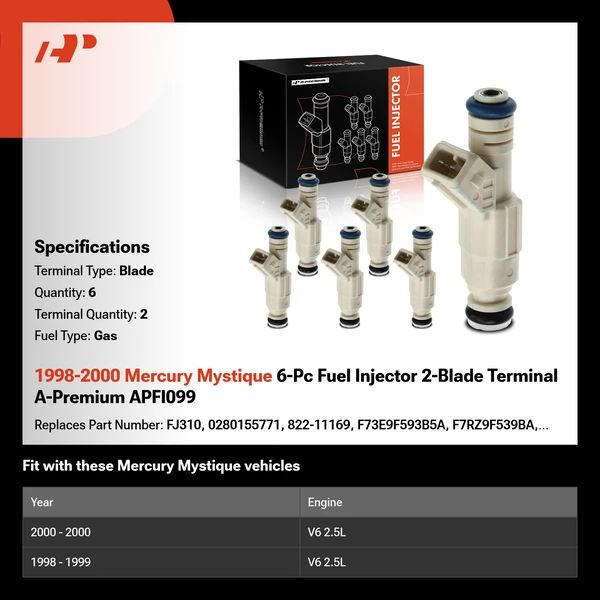 1998-2000 Mercury Mystique 6-Pc Fuel Injector 2-Blade Terminal A-Premium APFI099