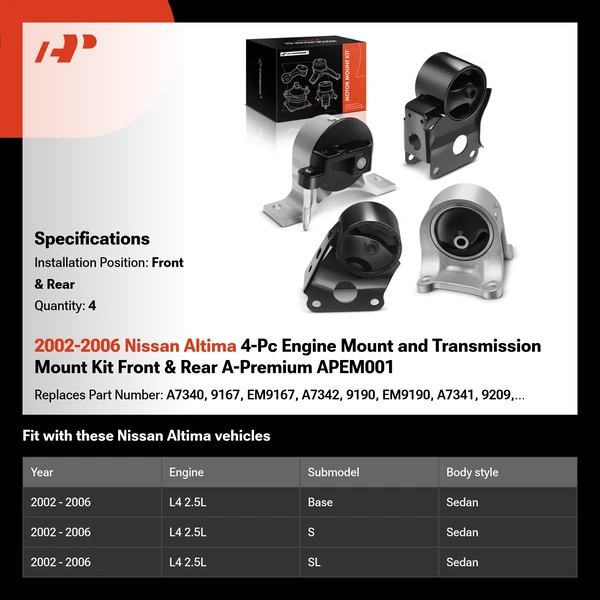2002-2006 Nissan Altima 4-Pc Engine Mount and Transmission Mount Kit Front & Rear A-Premium APEM001