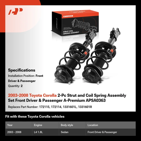 2003-2008 Toyota Corolla 2-Pc Strut and Coil Spring Assembly Set Front Driver & Passenger A-Premium APSA0363