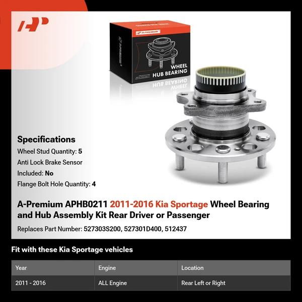 A-Premium APHB0211 2011-2016 Kia Sportage Wheel Bearing and Hub Assembly Kit Rear Driver or Passenger